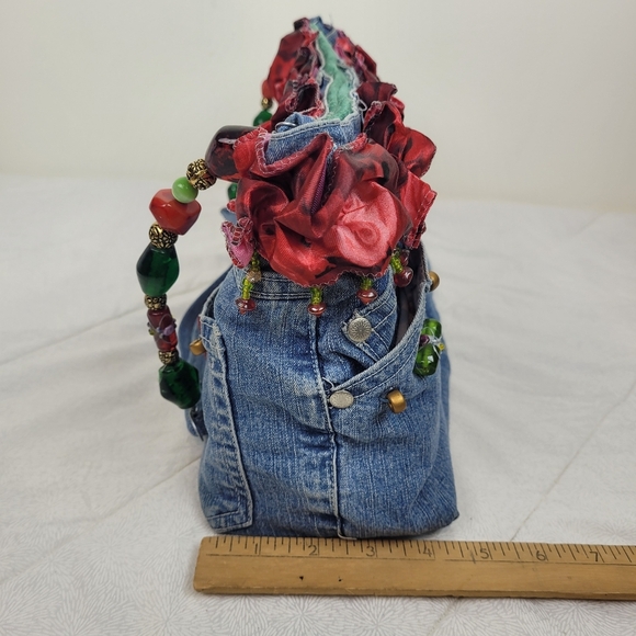 Hand Crafted By Scarlet Denim Red Beaded Women's Bag Lined Bead Handle Boho Arty - Picture 7 of 9